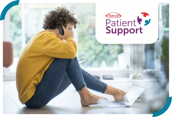 A patient sitting on the ground talking on the phone, with a Takeda Patient Support logo in the top-right corner.